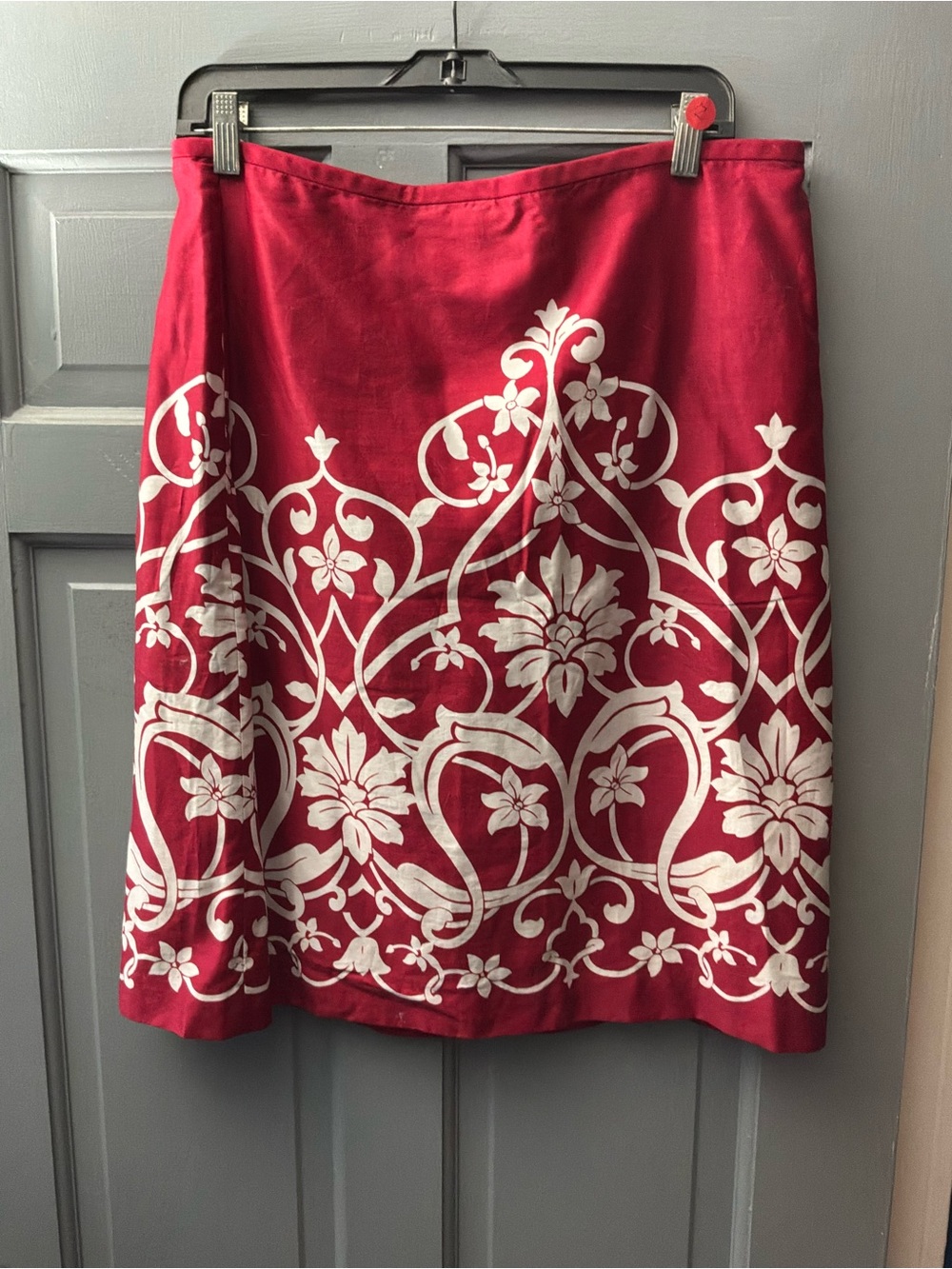 LOFT Red A-Line Skirt with White Floral Scroll Print